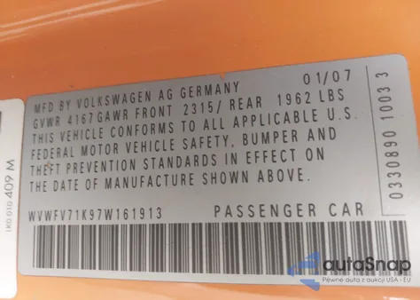2007 Volkswagen Gti 2-Door/Fahrenheit z USA, uszkodzony, nr VIN WVWFV71K97W161913